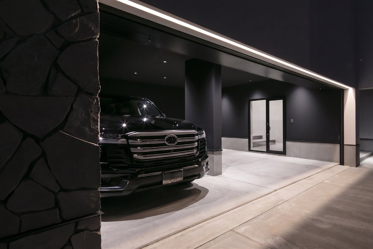 Garage at night — space for two cars
